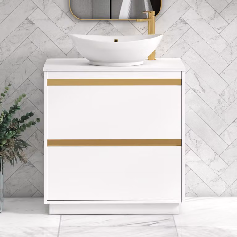 Royal Bathrooms Orion 800mm Matt White Floor Standing 2 Drawer Vanity Unit with Amaze Basin and Brushed Brass Accent Trim