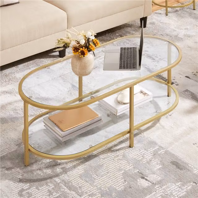 Yaheetech Modern Oval Clear Glass Coffee Table with Gold Metal Frame