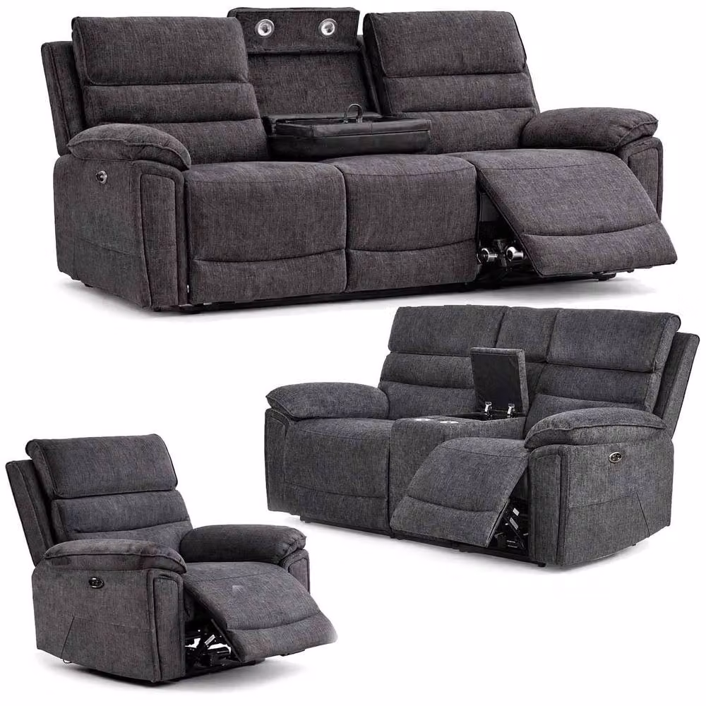 Furnishings For Less UK Sicily 3 Piece Electric Power Recliner Set in Grey Fabric (3+2+1) – 3