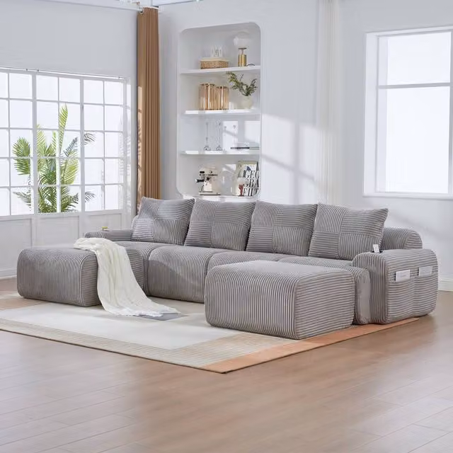 Matteo 4-Seater Modular Corduroy Sofa with Matching Ottoman and Cup Holders in Light Grey – 1
