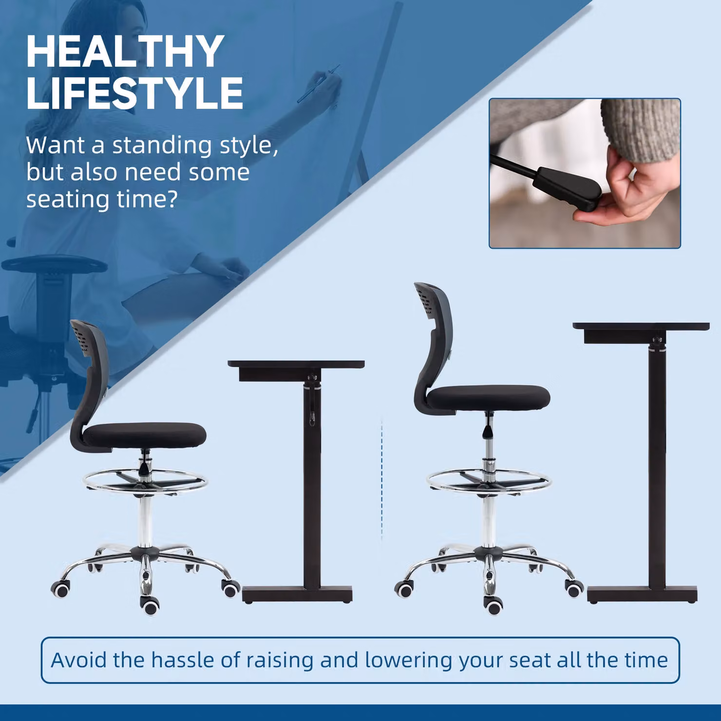 Vinsetto Ergonomic Drafting Chair, Swivel Mesh Fabric Draughtsman Chair with Foot Ring, Grey – 3