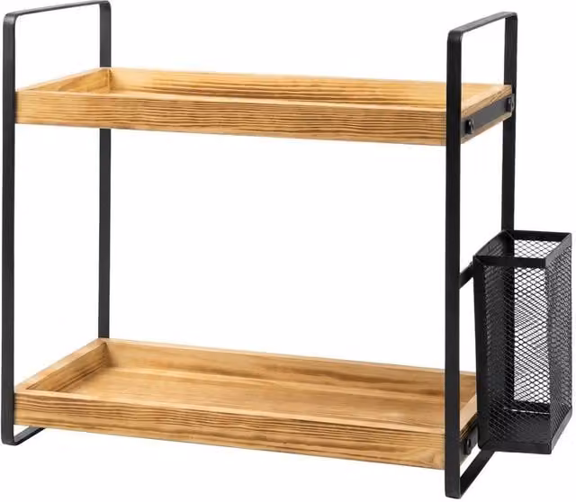 Levede 2 Tier Industrial Bathroom Organiser and Skincare Vanity Shelf in Brown Pine Wood and Metal – 1