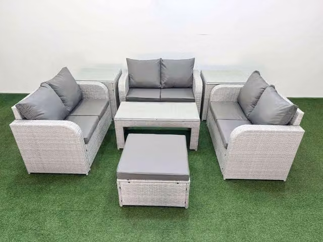 Fimous 7 Seater PE Wicker Rattan Garden Furniture Set in Light Grey with Oblong Coffee Table, 2 Seater Love Sofa, Big Footstool and 2 Side Tables