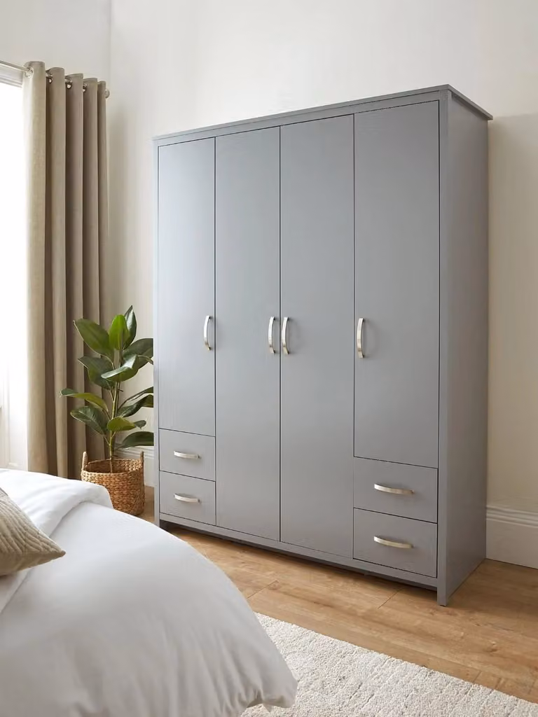Ely Modern Grey 4 Door 4 Drawer Wardrobe with Internal Shelves and Hanging Rod, H 180 cm x W 138.6 cm x D 51.8 cm