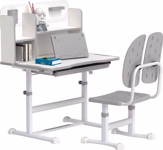 AIYAPLAY Height Adjustable Kids Desk and Chair Set with Tiltable Desktop and Reading Rack, Grey – 1