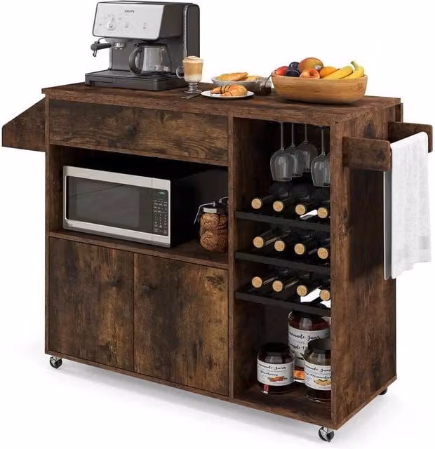 Hinsinc Drop Leaf Kitchen Island Cart Mobile Buffet Serving Cart in Brown