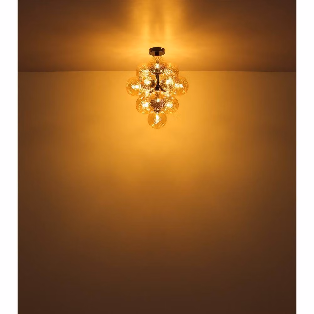 Netlighting Conor Globe Ceiling Light with Amber Glass Spheres and Black Metal Finish, 9x G9 Bulbs, Diameter: 39.5 cm – 6