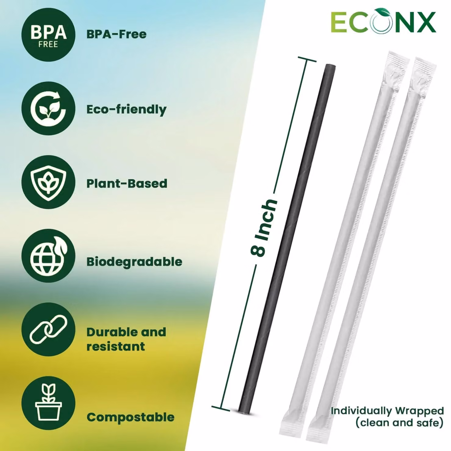 ECONX Black Compostable and Biodegradable Paper Straws, 20.32 cm, Pack of 750 – 4