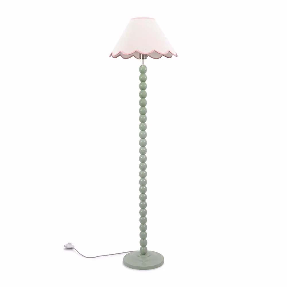 ValueLights Bobbins Sage Green Floor Lamp with Pink Fabric Scallop Shade and LED Bulb – 2