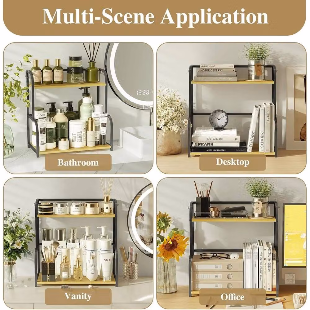 NESTLUNE 2 Tier Metal Spice Rack and Kitchen Shelf Organiser with Hooks in Matt Black – 4