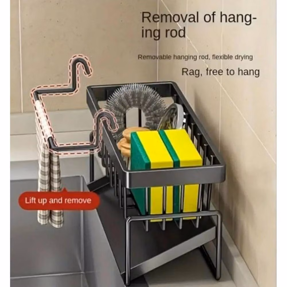 SPETLEK Kitchen Sink Caddy with Towel Rail and Sponge Holder in Grey – 4