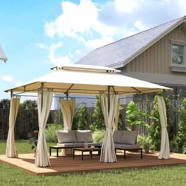 Outsunny Double Roof Metal Garden Gazebo with Sides, White and Cream, W 4 m x D 3 m