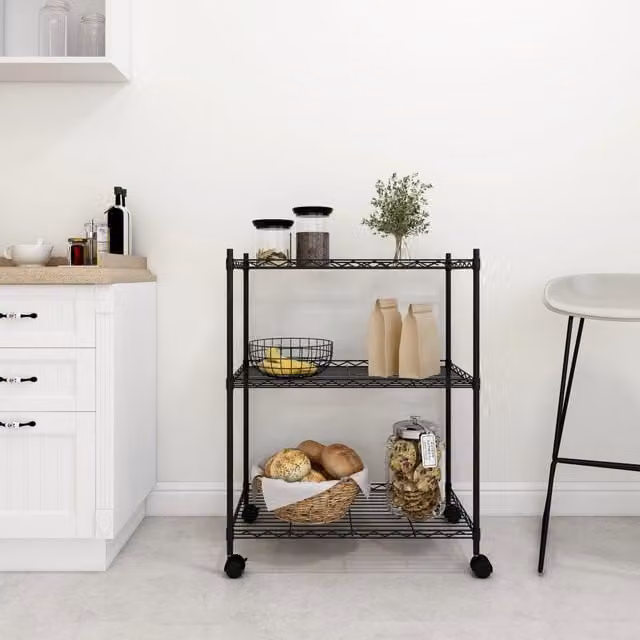Berkfield Home 3-Tier Metal Storage Rack with Wheels, Black, W/D/H: 60 x 35 x 81 cm – 1
