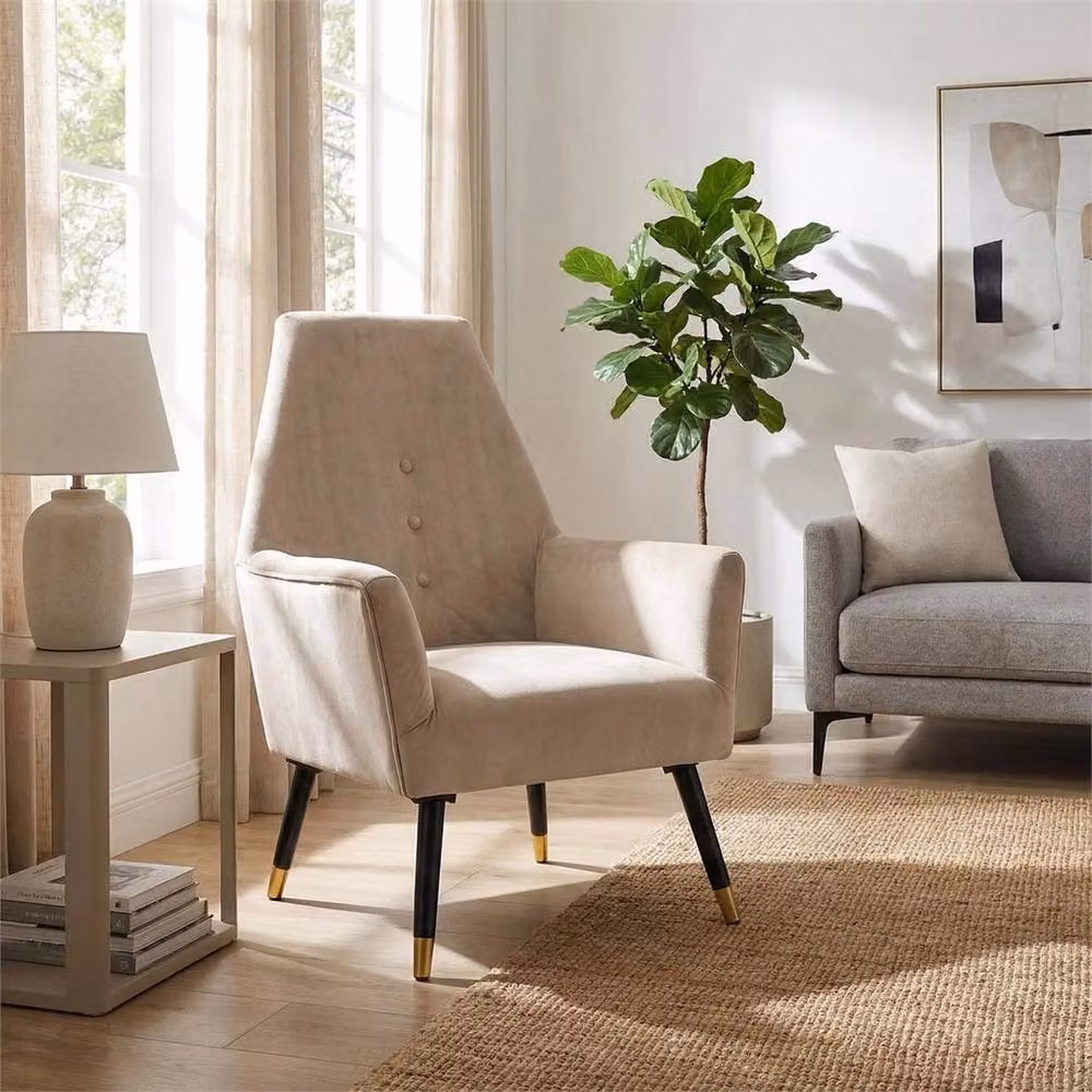 Nordara Stone Velvet Buttoned Back Armchair in Beige – 2