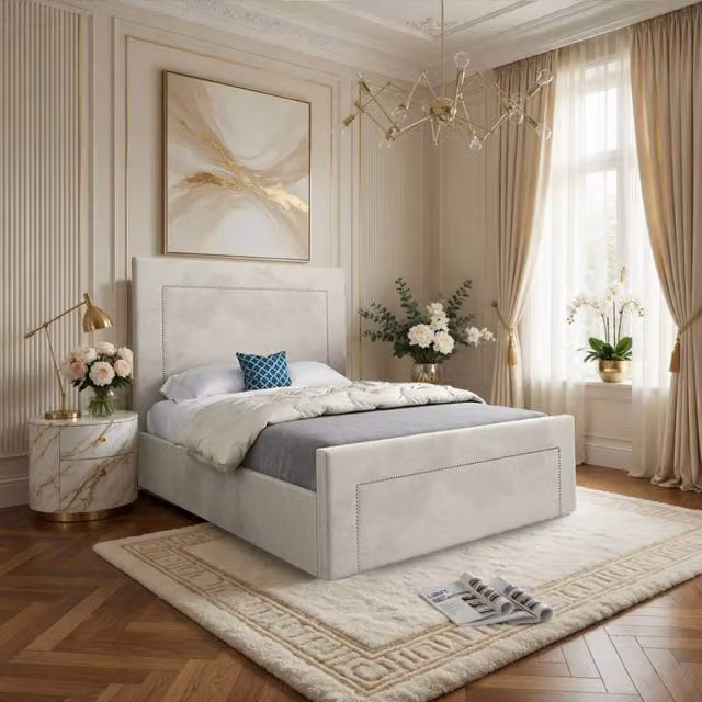 KDMD Macclesfield Upholstered Designer Bed Frame in Beige Soft Velvet, Size: Double (140 x 200 cm)