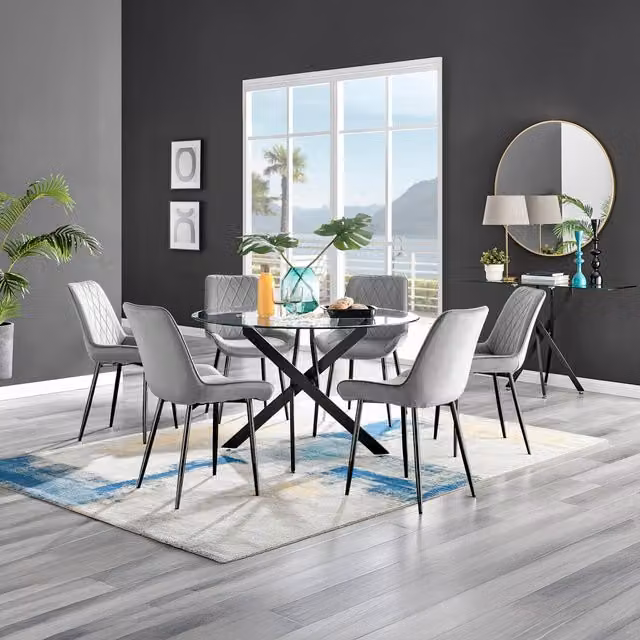 FurnitureboxUK Novara Round Glass Dining Table with 6 Pesaro Grey Chairs and Black Legs, Diameter: 120 cm