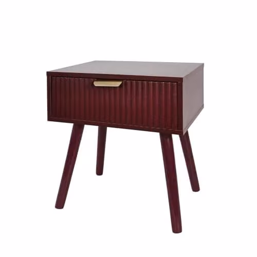 OHS Modern Ribbed Wood Bedside Table with 1 Drawer in Dark Berry, W/D/H: 40 x 30 x 45 cm
