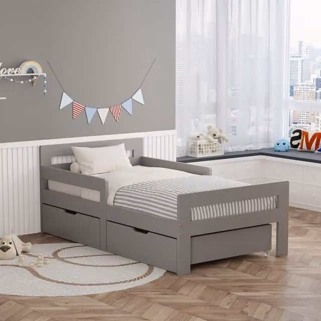 WestWood Solid Wood Montessori Toddler Bed Frame with Underbed Storage Drawer and Safety Rail, Grey or Natural, 90 x 190 cm