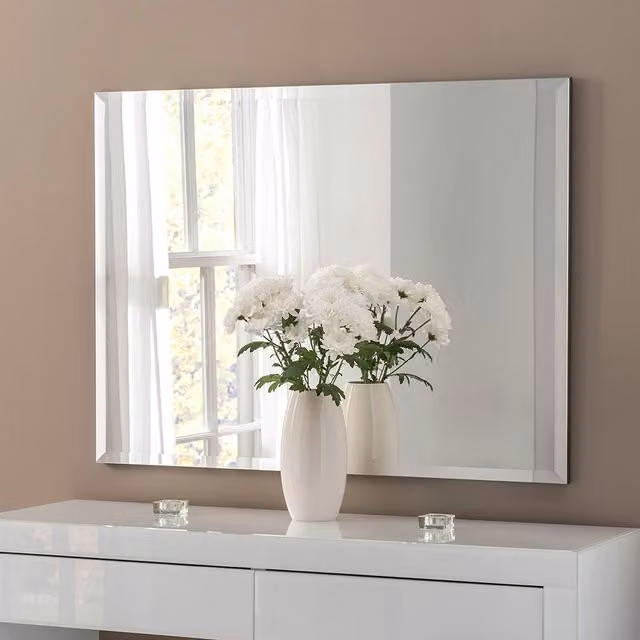 Yearn Mirrors Minimalist Bevelled Rectangular Wall Mirror in Silver, Width: 76 cm