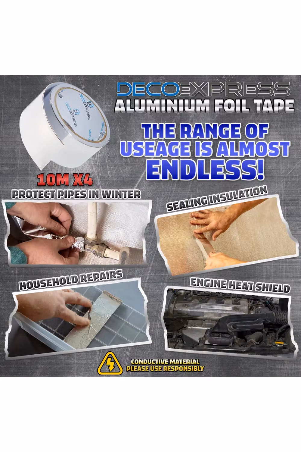 Deco Express Silver Aluminium Foil Insulation Tape, 4 Pack, W: 4.5 cm, L: 10 m – 7
