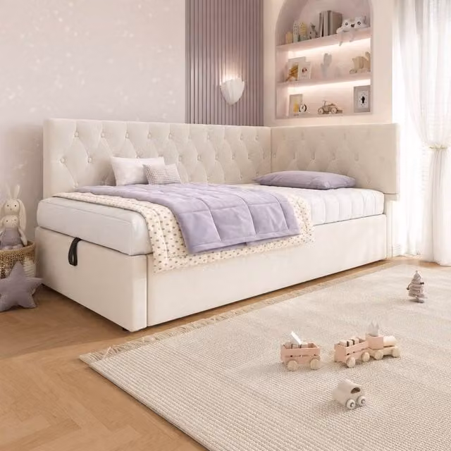 STILVORA Single Upholstered Bed with Lift-Up Storage in Beige, W/D/H: 90 x 190 cm