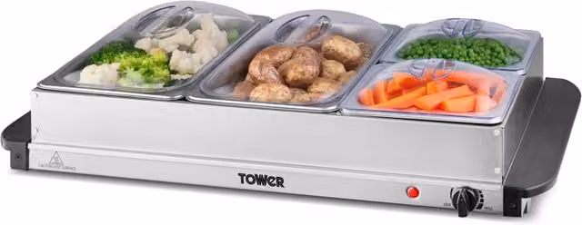 Tower Silver Stainless Steel Buffet Server Set with 2 x 2.5 l and 2 x 1.2 l Keep Warm Compartments