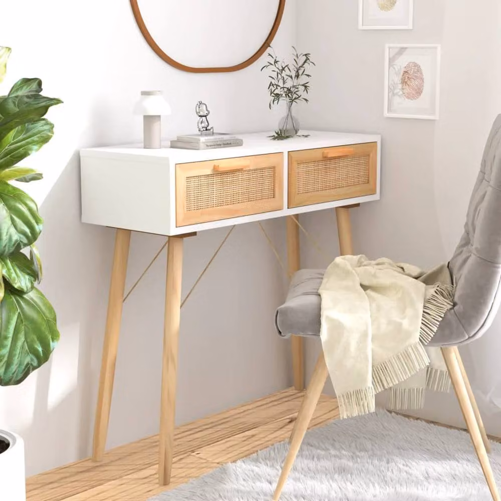 Berkfield Home Decorative Console Table in White Solid Pine and Rattan, W/D/H: 80 x 30 x 75 cm – 2