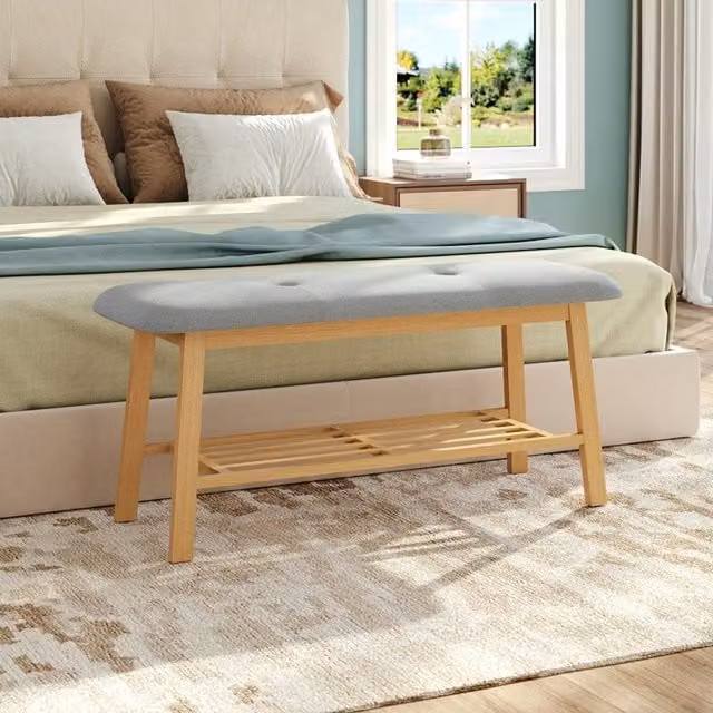 Komore Bamboo Shoe Bench with Grey Fabric Seat in Wood Finish