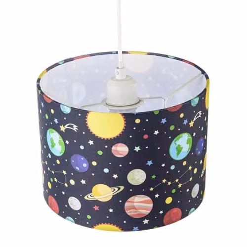 Happy Homewares Outer Space Cylinder Lamp Shade with Colourful Planets and Stars in Blue and Multicolour – 3