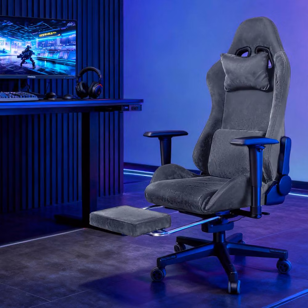 Levede Grey Fabric Gaming Chair for Adults with Headrest, Lumbar Support and Footrest – 2