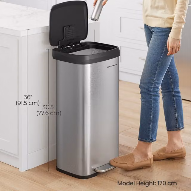 SONGMICS 68L Metal Pedal Kitchen Bin with Lid and Odour Filter in Silver