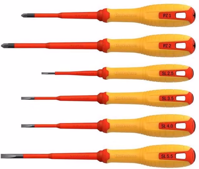 Hultafors 6 Piece VDE Pozidriv and Slotted Screwdriver Set in Yellow and Red