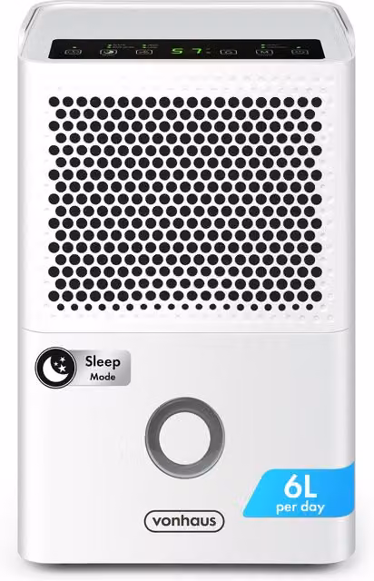 VonHaus 6L Dehumidifier with 1.1L Water Tank in White, Height: 34.8 cm