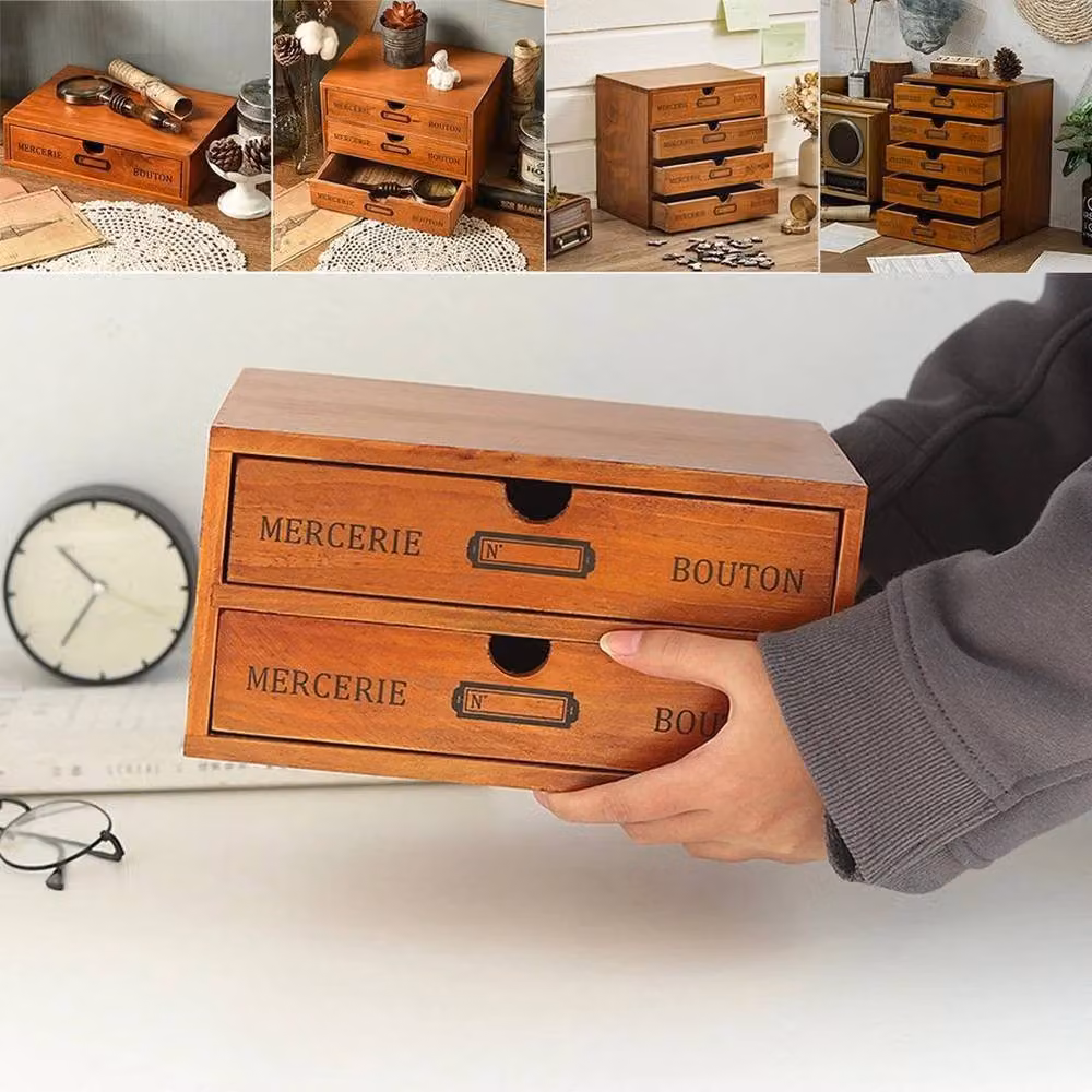 NESTLUNE 2-Tier Solid Wood Desktop Storage Box with Drawers, Brown – 3