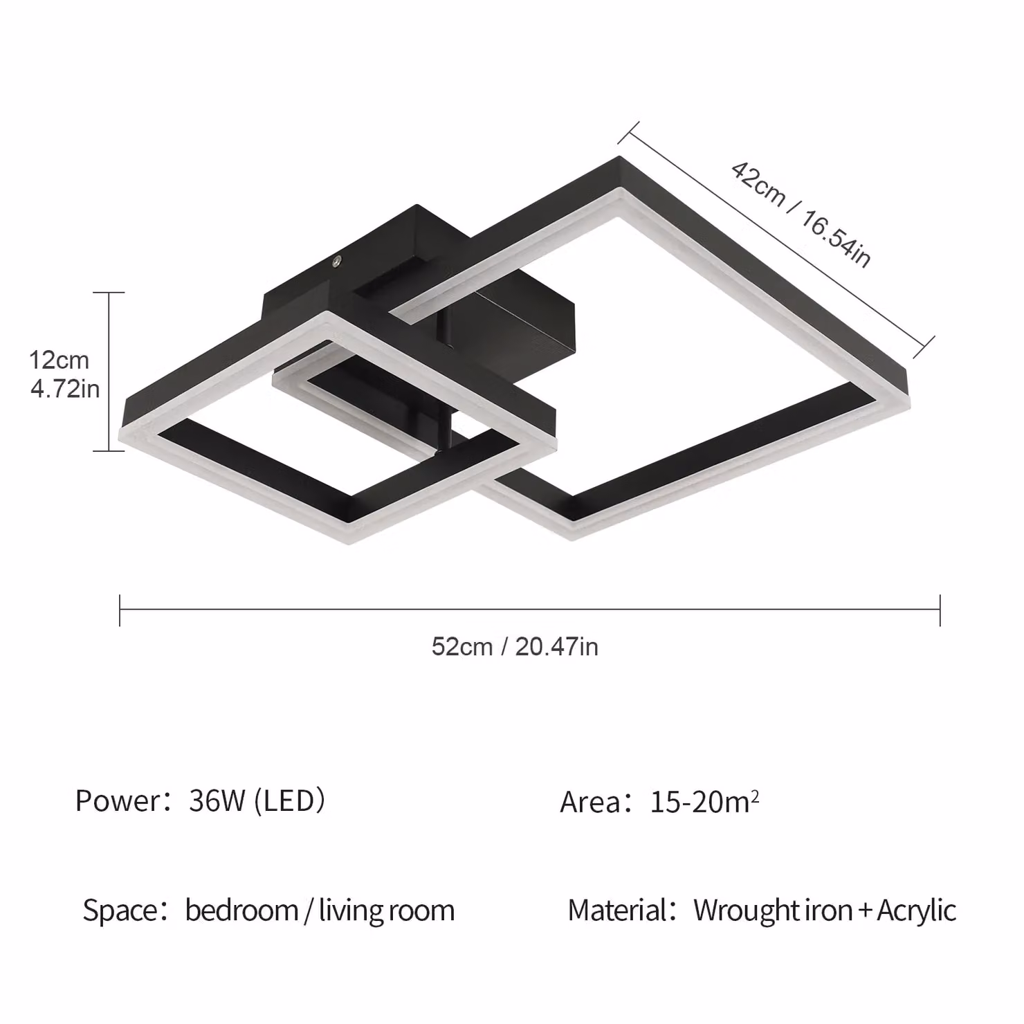 Pheashine Modern Black Square LED Ceiling Light, 36W, 6500K Cool White, W: 52 cm – 2