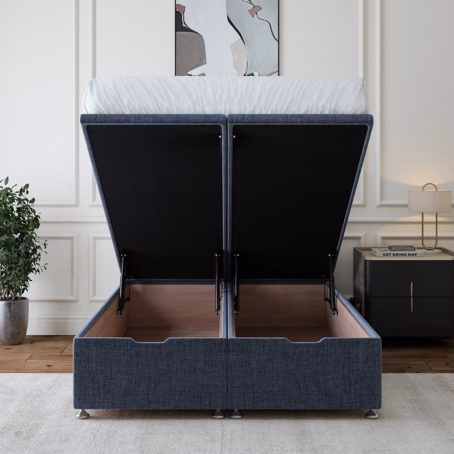 Bedmaster Linen Ottoman Divan Base and Lined Headboard in Blue, W/D/H: 120 x 200 cm – 2