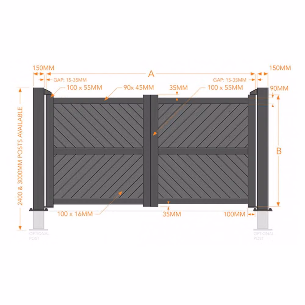 Ready Made Double Swing Gate with Diagonal Solid Infill and Flat Top in Black, W: 375 cm, H: 180 cm – 3