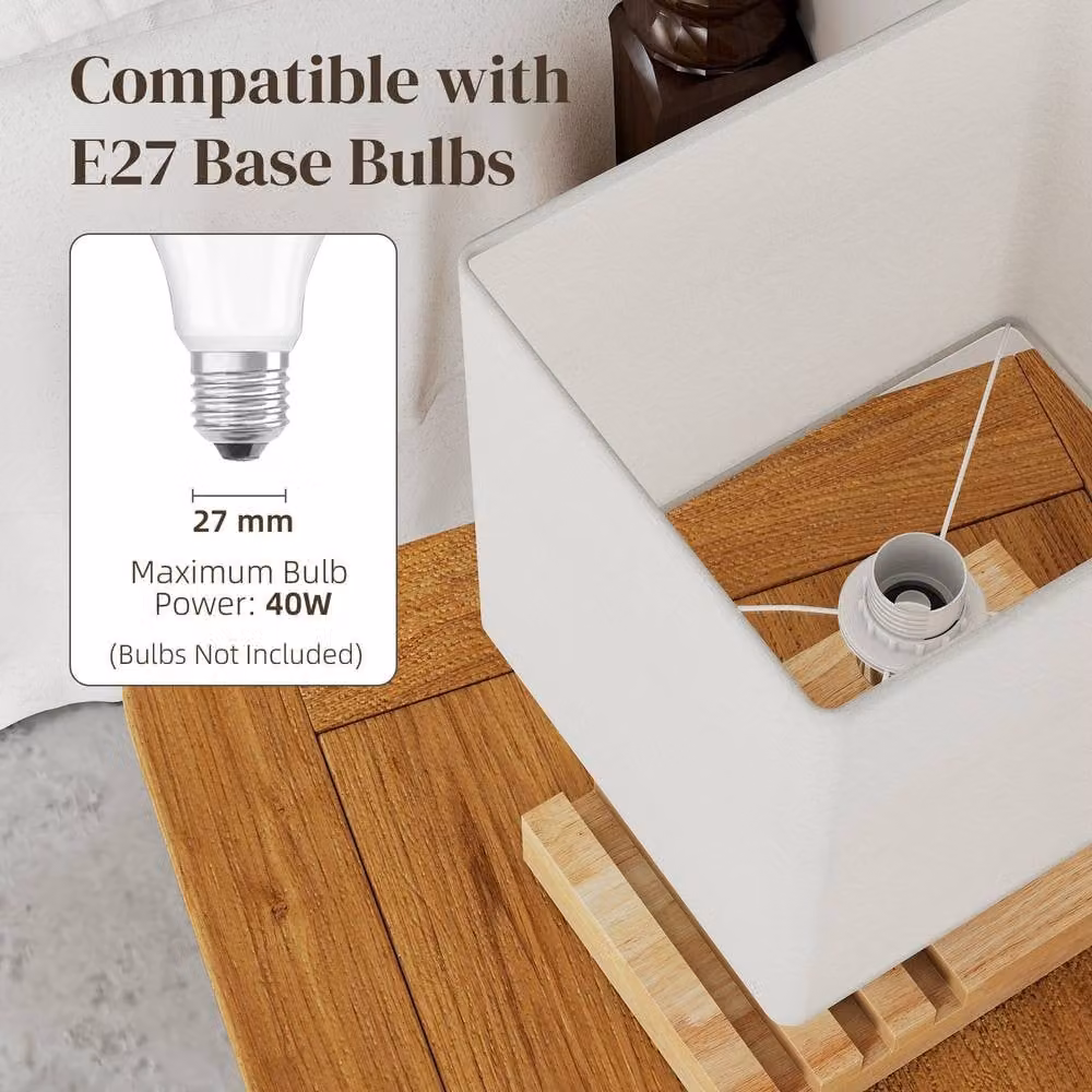 HOMCOM Modern White Table Lamp with Solid Wood Base and USB Port – 5