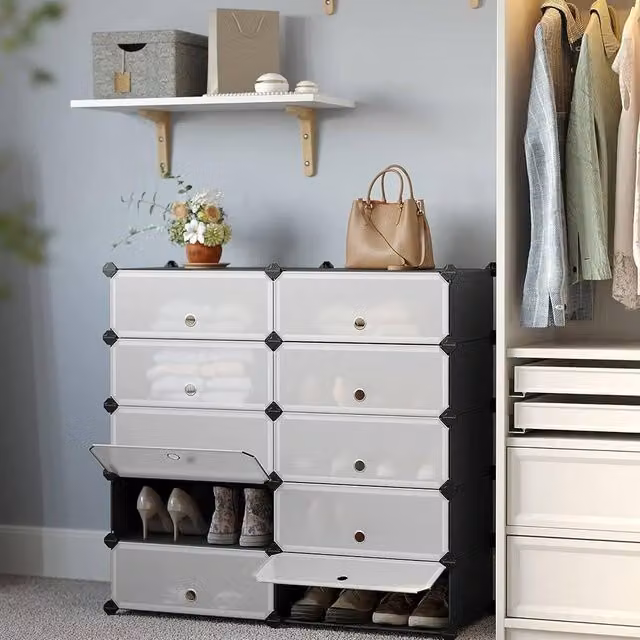 SONGMICS 10 Slot Modular Plastic Shoe Rack and Wardrobe Organiser with Adjustable Shelves, Black – 1