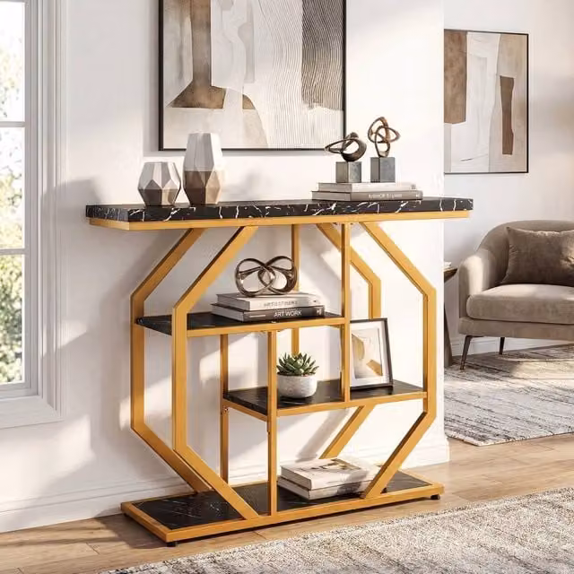 KORVIXA Modern 4-Tier Geometric Console Table in Black with Marble Top, W: 100 cm, H: 80 cm, D: 100 cm