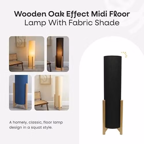 ValueLights Henry Midi Floor Lamp with Oak Effect Wooden Base and Navy Blue Cylinder Fabric Shade including LED Bulb – 5