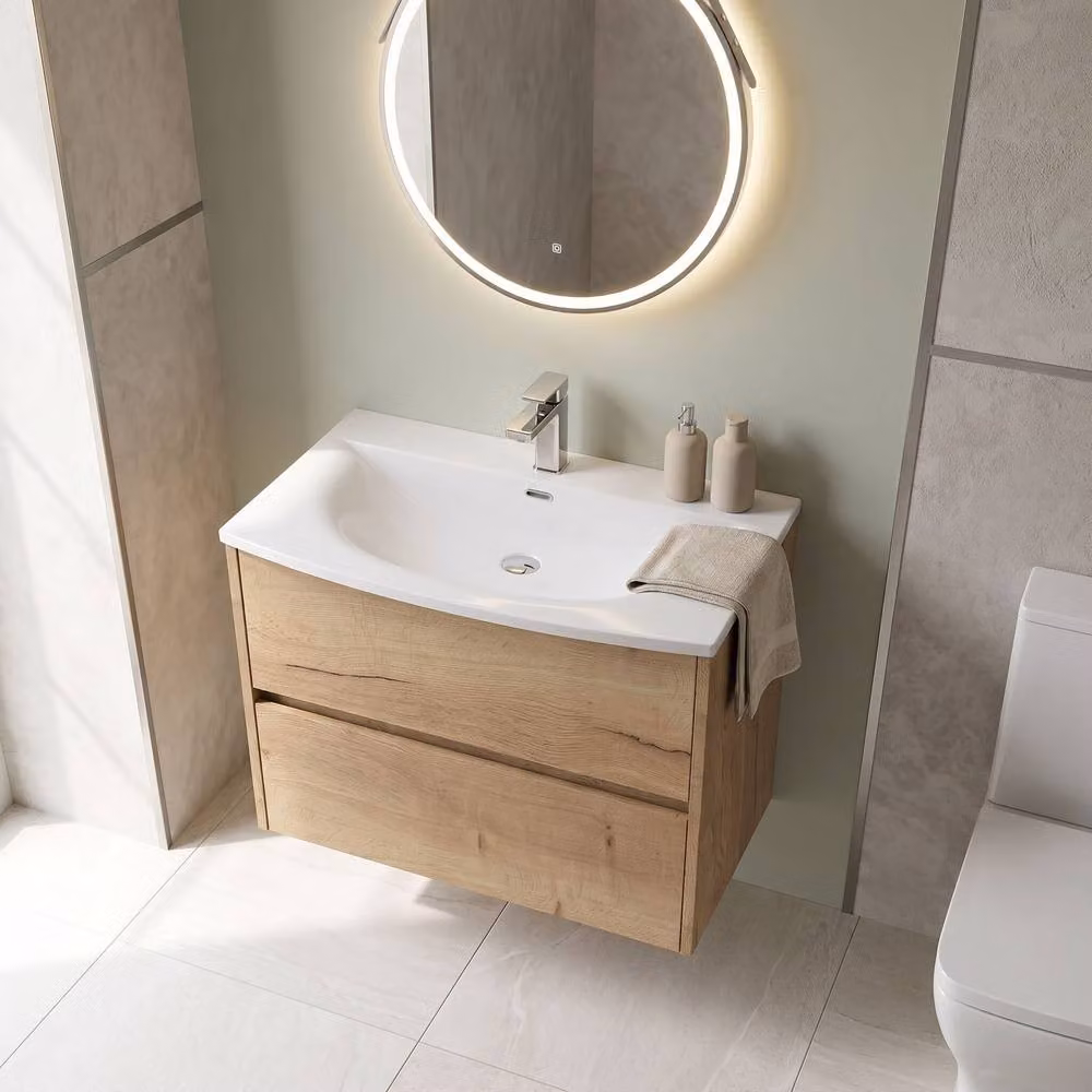 Balterley Chartley 2 Drawer Wall Hung Vanity Basin Unit in Autumn Oak Brown, Width: 80 cm – 2