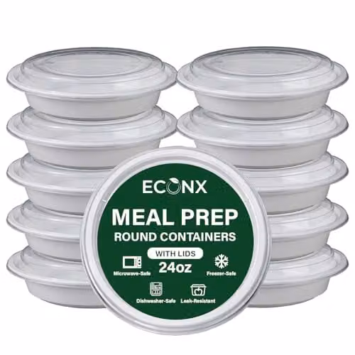 ECONX 10 Pack White Round Plastic Meal Prep Containers with Airtight Lids, 24oz Each