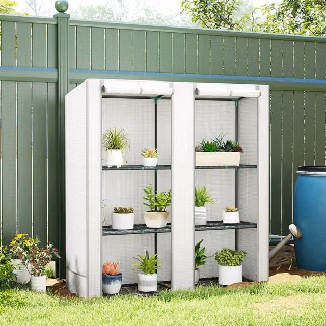 Outsunny 3 Tier Lean-to Mini Greenhouse with Reinforced PE Cover in White and Grey