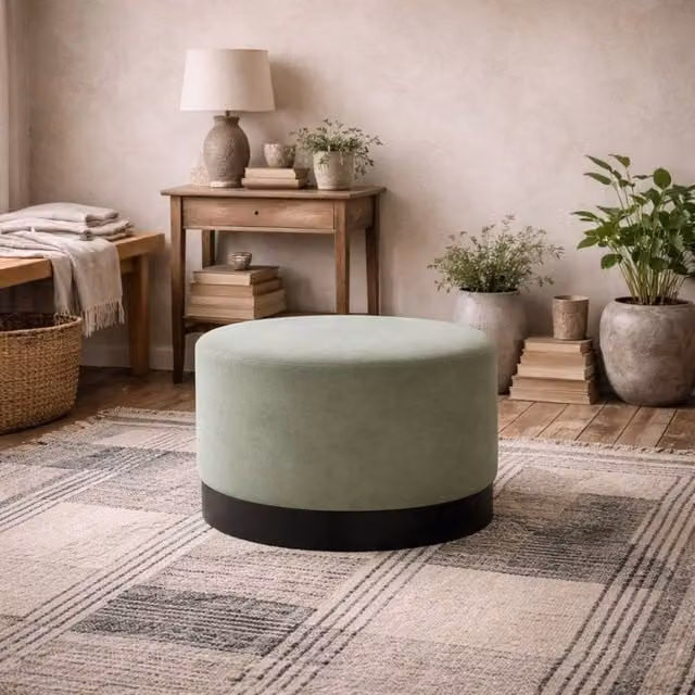 Wyld Haus Kalua Large Round Velvet Stool in Sage Green with Matt Black Base
