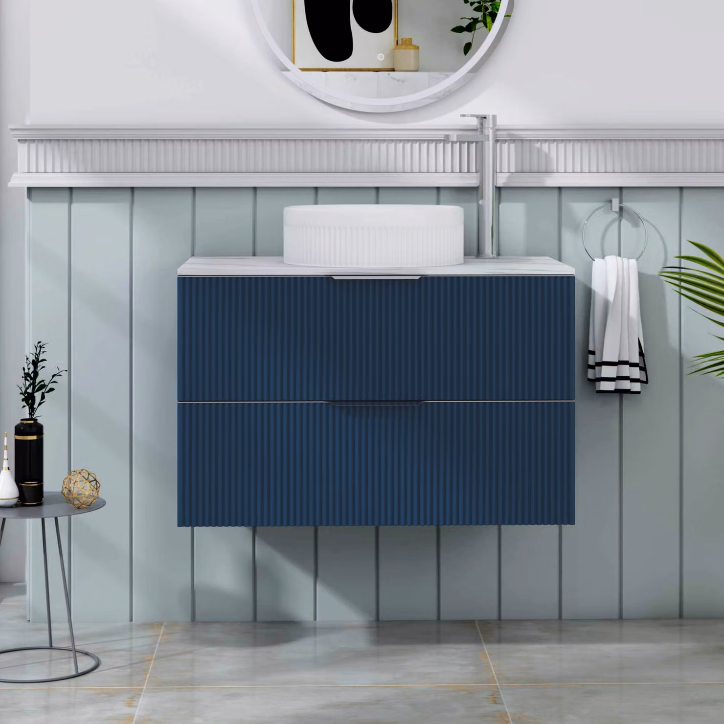 Royal Bathrooms Evora 800mm Midnight Blue Fluted Wall Hung Countertop Vanity Unit with 2 Drawers and Round Basin