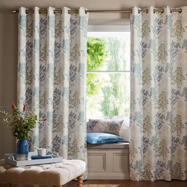 Laura Ashley Tenby Floral Blackout Eyelet Curtains in Seaspray Blue and Multicolour