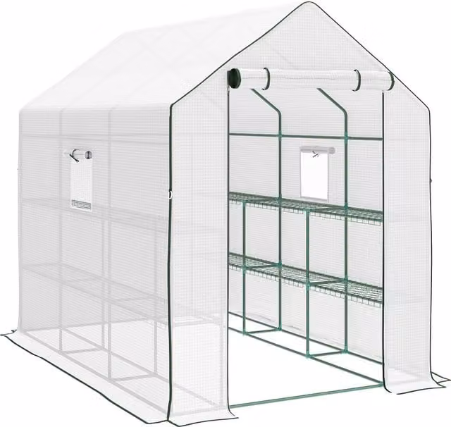 Outsunny Walking Greenhouse with PE Cover, 3 Tier Shelves, Roll-up Door and Mesh Windows, White, W/D/H: 2.0 x 1.4 x 1.9 m