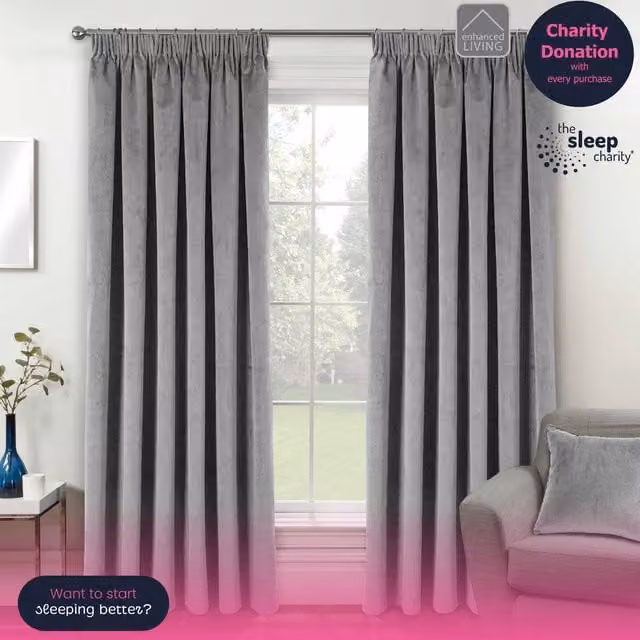 Enhanced Living Oxford Grey Blackout Velvet Supersoft Pencil Pleat Tape Top Curtains, W: 117 cm, H: 183 cm (Pair)