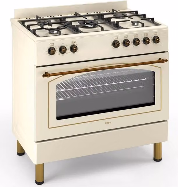 Ferre 90cm Dual Fuel Range Cooker in Beige with 5 Burners and Double Turbo Fan